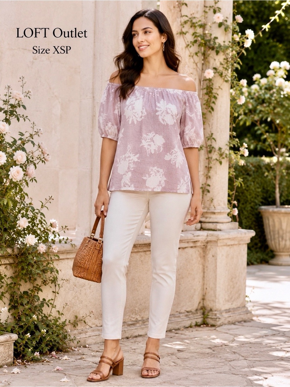 LOFT Outlet XSP Dusty Mauve Floral Linen Blend Off Shoulder Blouse